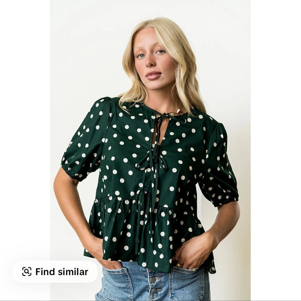 Sunday Edition Polka dot Green Bow front blouse Cotton Sz M